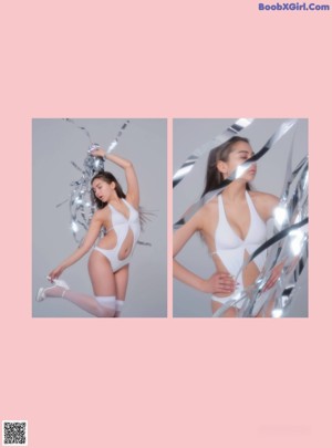 A woman in a white bathing suit holding a bunch of balloons.