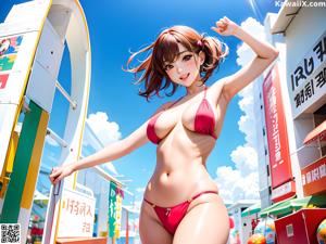 A woman in a red bikini sitting on a chair.