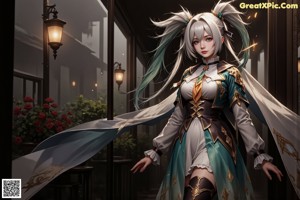 Anime girl with long blonde hair wearing a white dress and a black jacket.