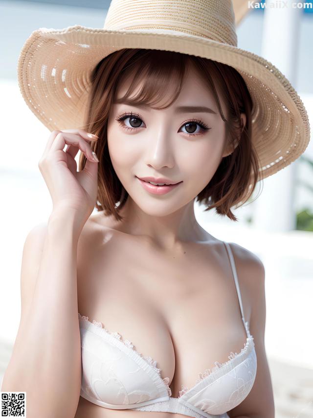 A woman wearing a straw hat and a white bra.